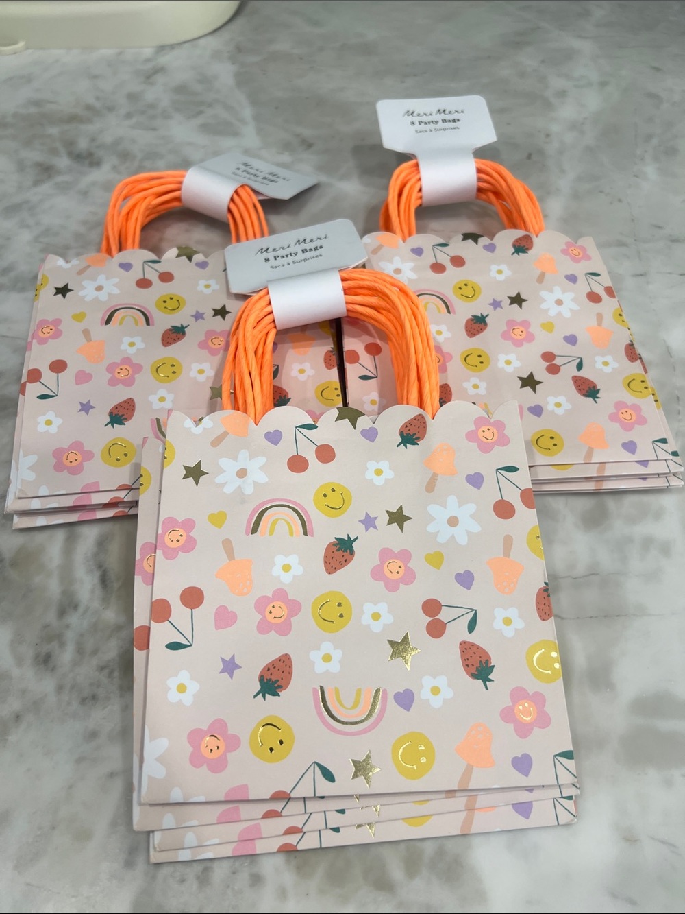 Meri Meri Party Gift Bag with Orange Handles - Neutral Floral & Rainbow Design